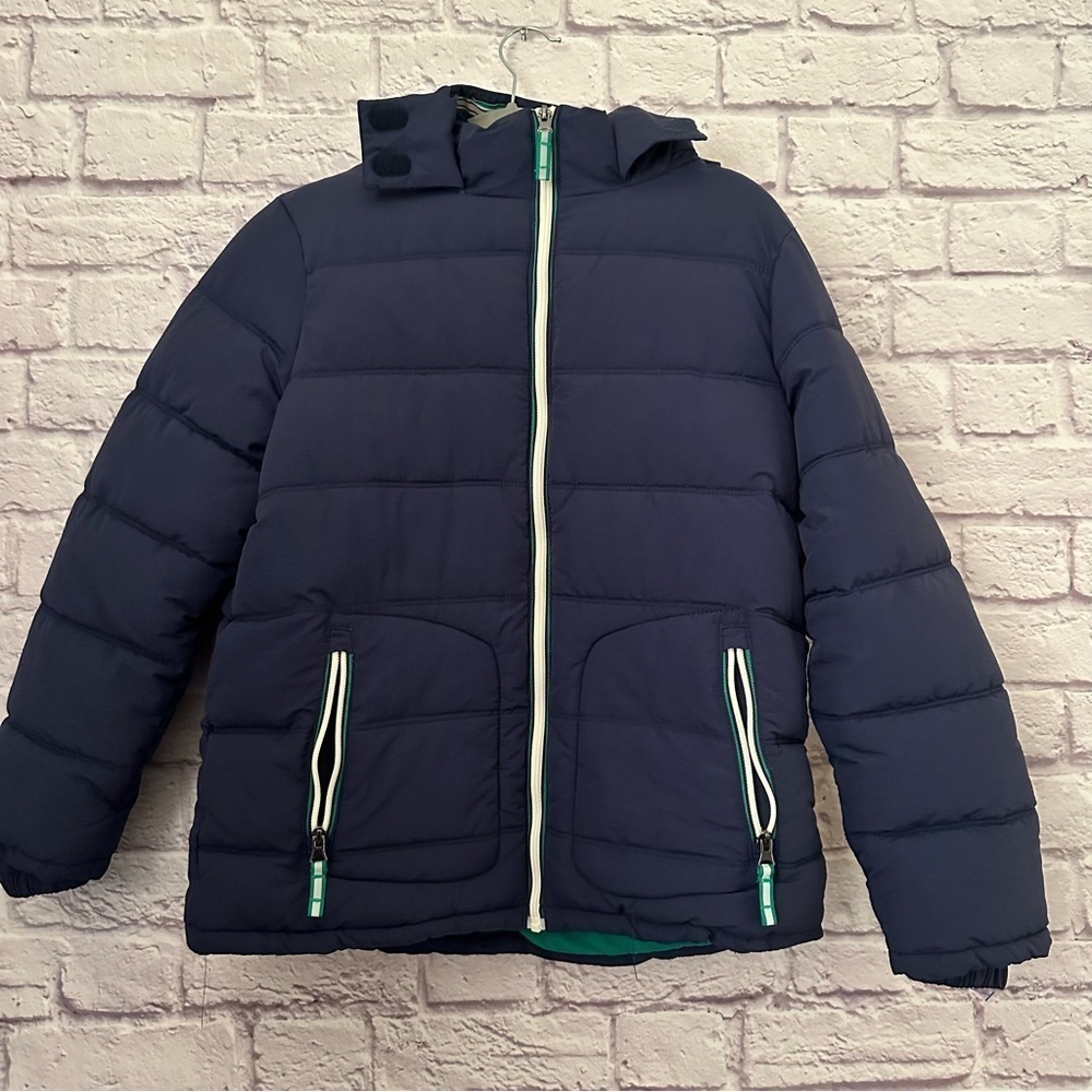 Boden boys' winter puffer jacket in navy blue.